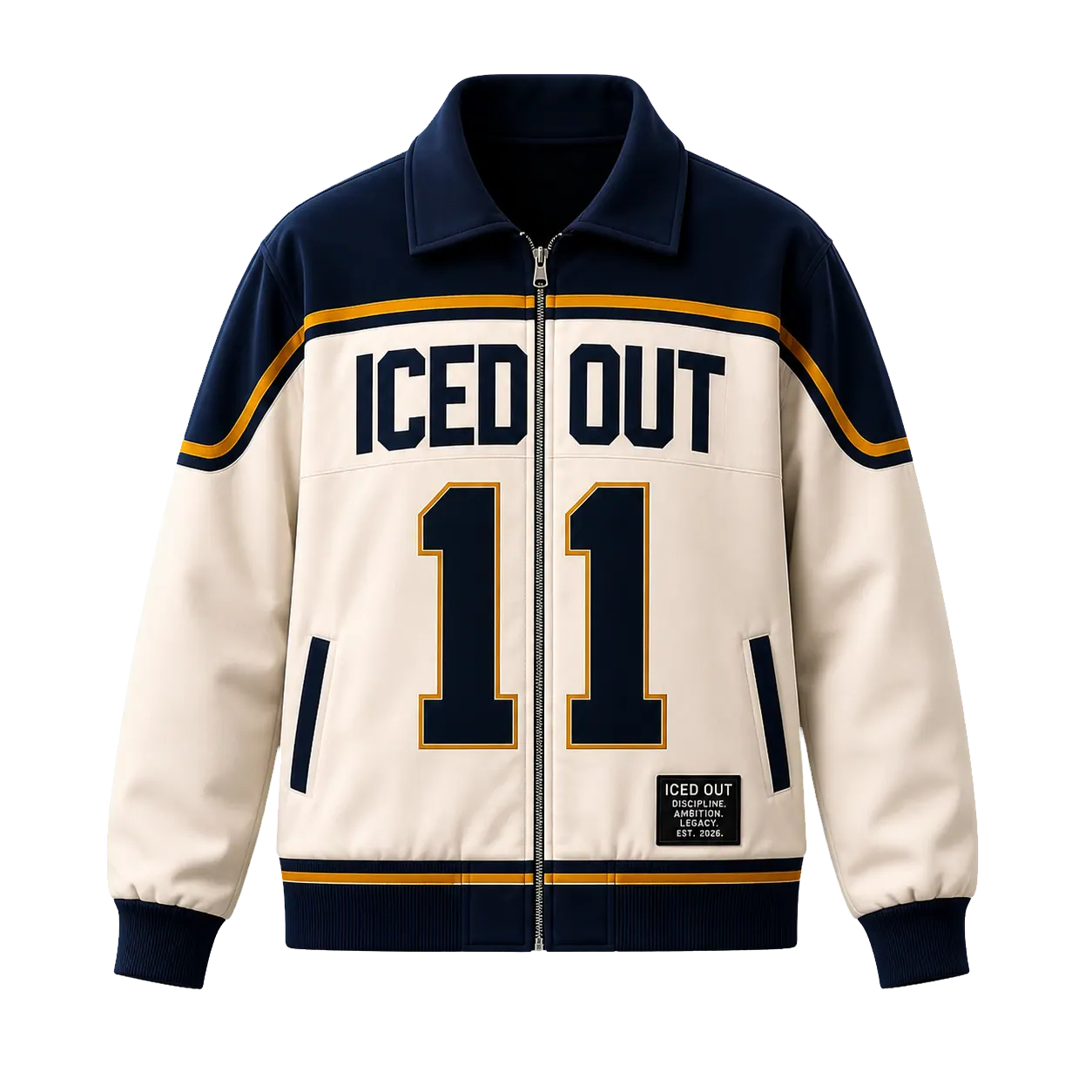 Navy and cream Iced_out varsity jacket, ghost mannequin cutout